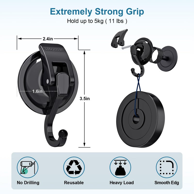 iRomic Heavy Duty Vacuum Suction Cup Hooks (2Pack) for Shower Glass Window Kitchen&Bathroom&Restroom Organization Black. - Image 3